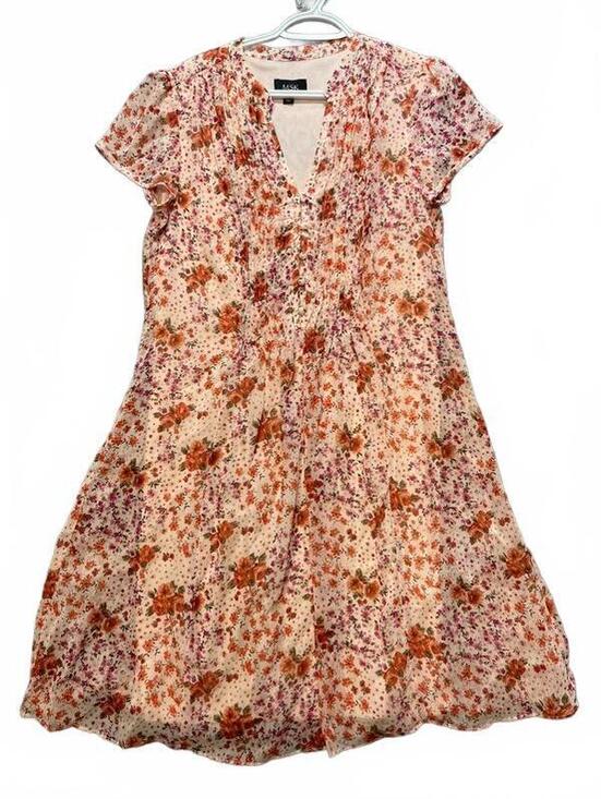 MSK Dresses & Skirts - MSK Womens Floral Dress Size 12 Peach Orange Chiffon Pleated V Neck Short Sleeve